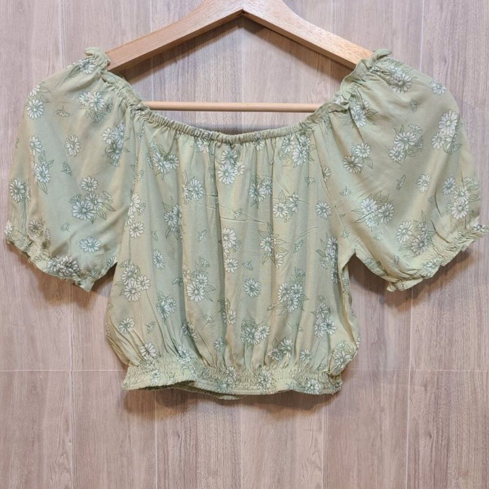 Picapino Girls Size 7 Sage Floral Off Shoulder Crop Top Rayon Boho Blouse Shirt